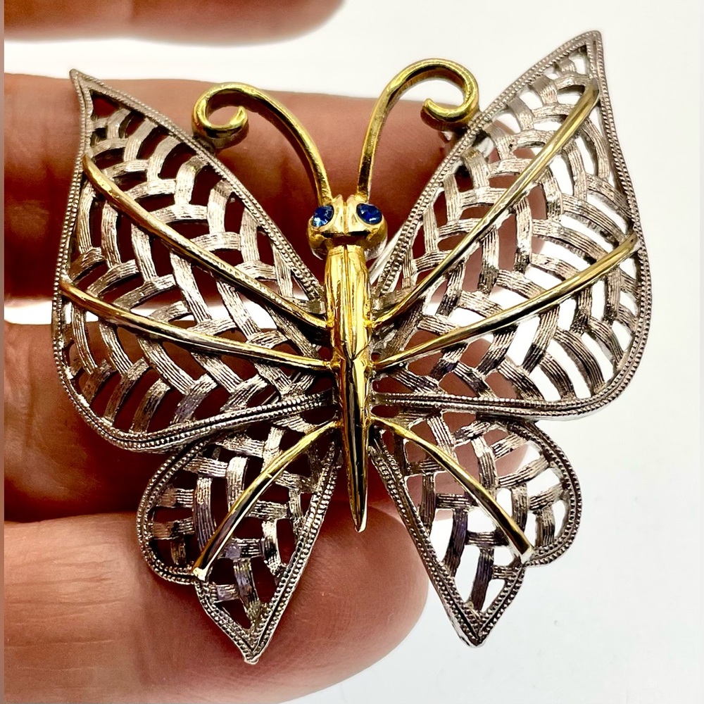 3 for $30 Vintage 1970s Avon Butterfly Brooch Gold Silver Tone Blue Crystal Eyes - Picture 3 of 7